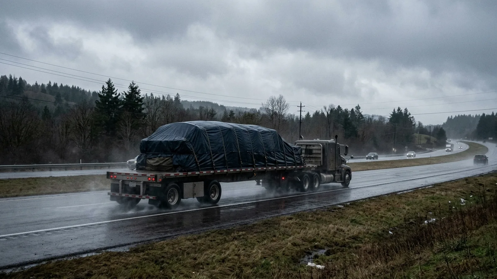 A flatbed trailer carrying a tarped load on a wet highway, seen from the roadside under an overcast sky, spray rising from the wheels.