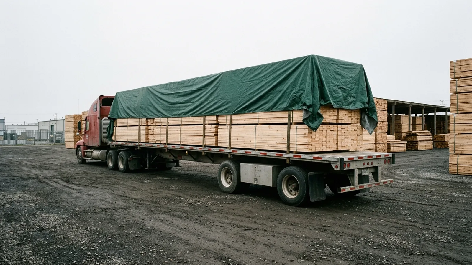 A flatbed trailer in a timber yard loaded with banded packs of dimensional lumber, a tarp drawn over the top of the load and reaching partway down the stack.
