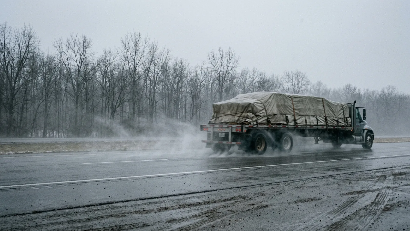A tarped flatbed load passing on a wet winter highway, heavy road spray thrown up from the wheels against the lower part of the load.