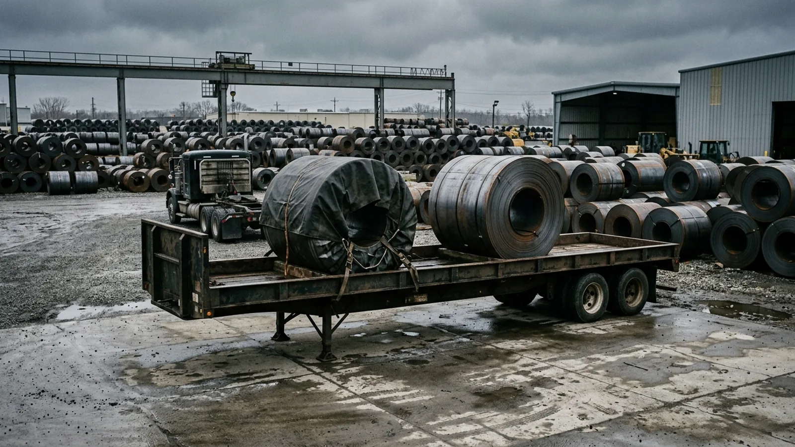 Steel coils resting eye crosswise on a flatbed trailer in a mill yard, one coil under a tarp that follows its curve and one still uncovered.