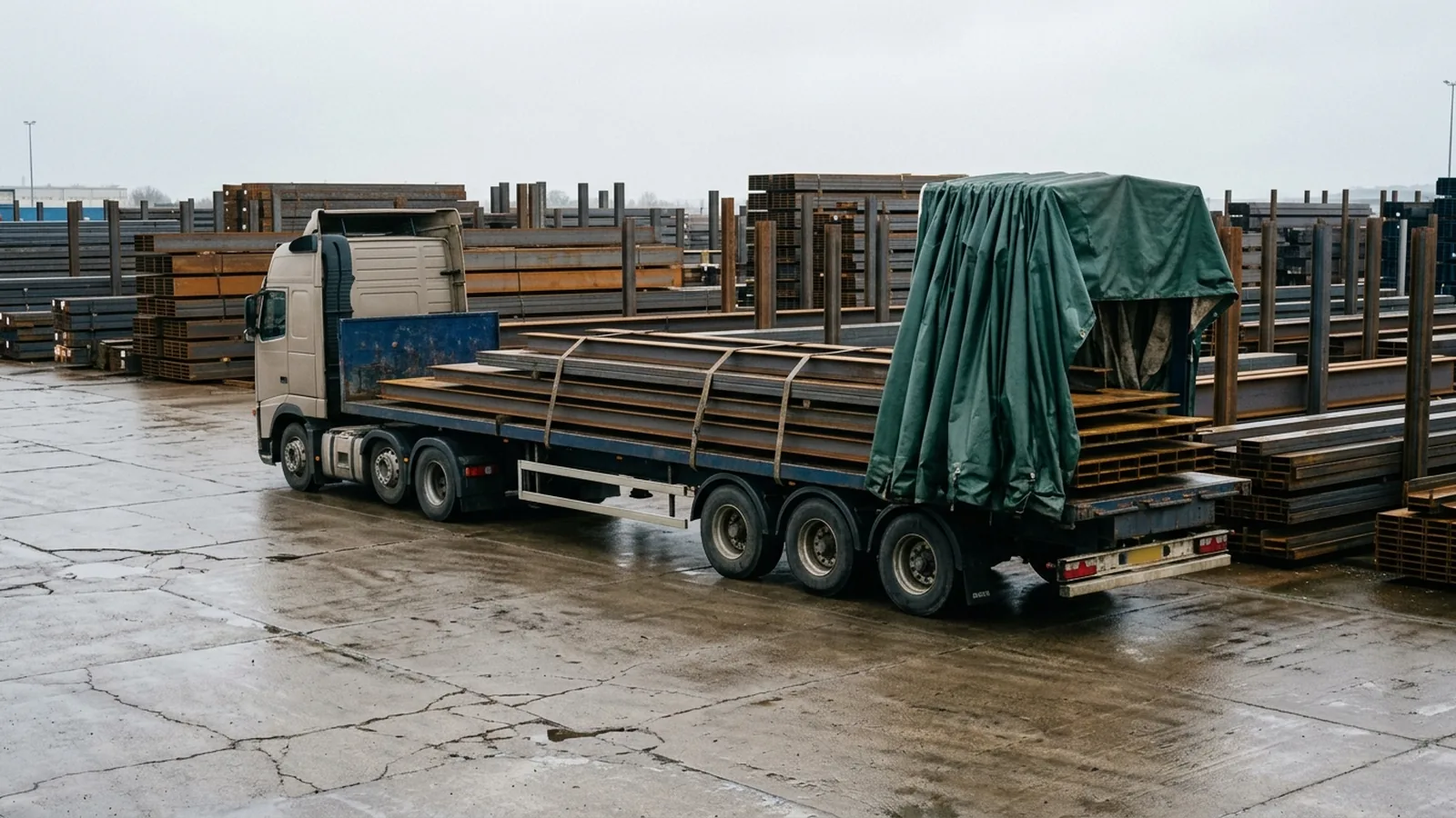A flatbed trailer in a steel yard carrying a low load of stacked plate and stock, with a tarp folded back over one end.