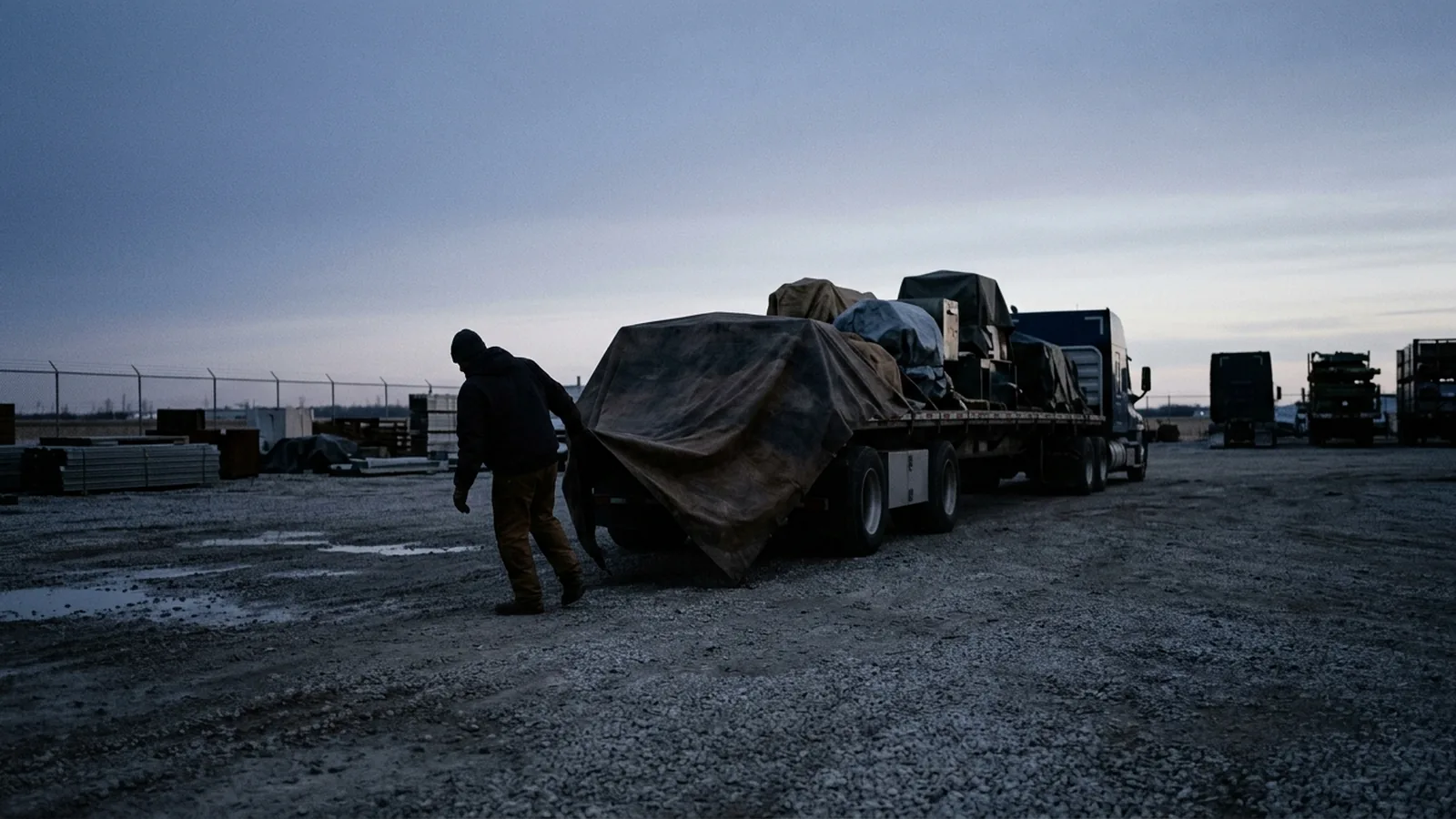 A lone figure seen from a distance at first light, drawing a tarp across the top of a loaded flatbed trailer in an open yard.