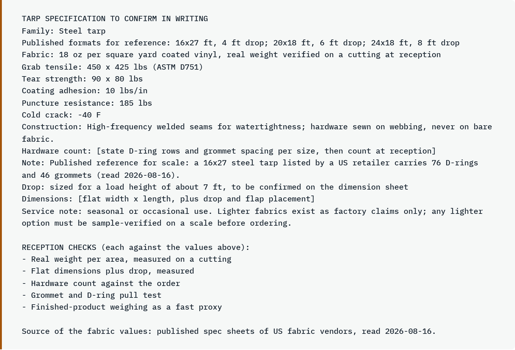 Output produced by the spec checker itself: a tarp specification block listing fabric weight, ASTM D751 values, construction, hardware count and the reception checks, ready to paste into a request for quote.